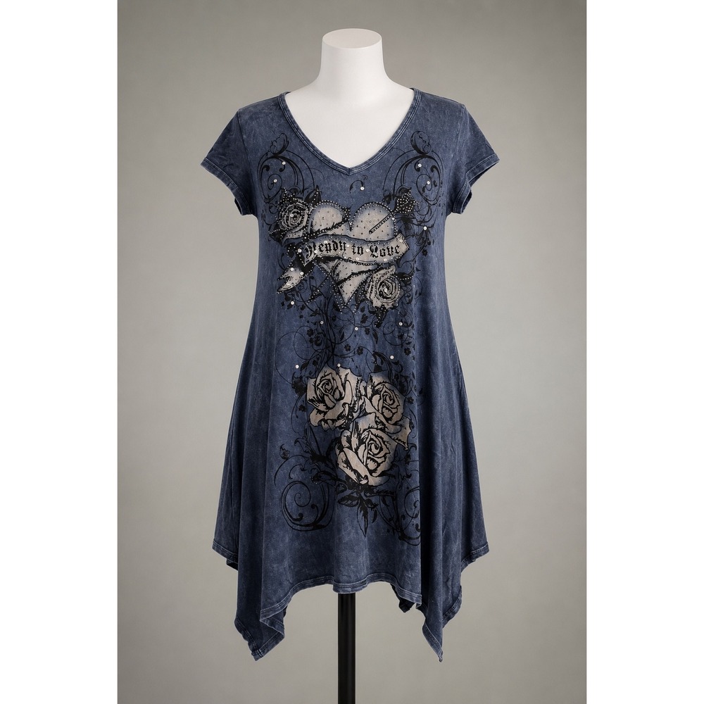 Y2K Party Womens Blue Acid Wash Rhinestone Rose Heart Tunic Top Medium Grunge